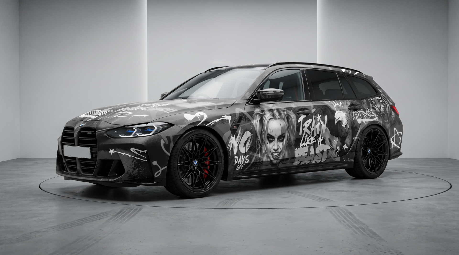 BMW M3 Touring with custom Harley Quinn 'Beast' wrap