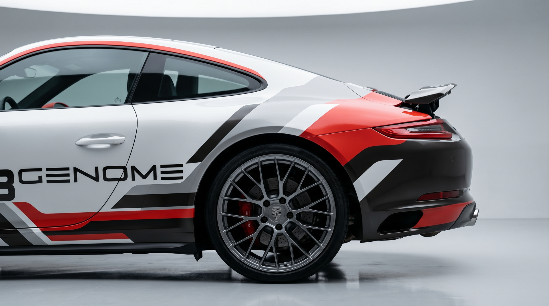 Full vehicle wrap design — Porsche 911 in white, red and graphite